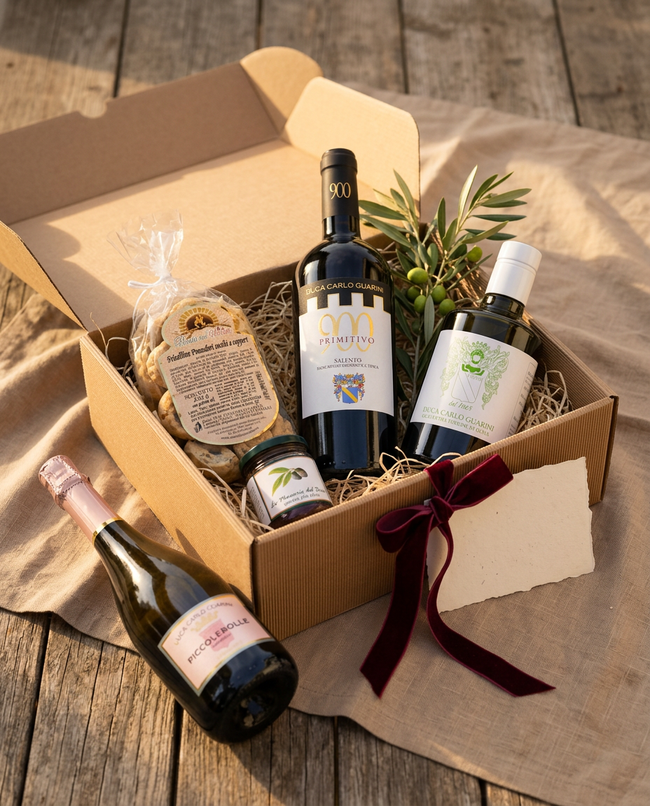 Geschenkbox mit 900 Primitivo, Olivenöl, Piccolebolle, Friselline und Olivencreme